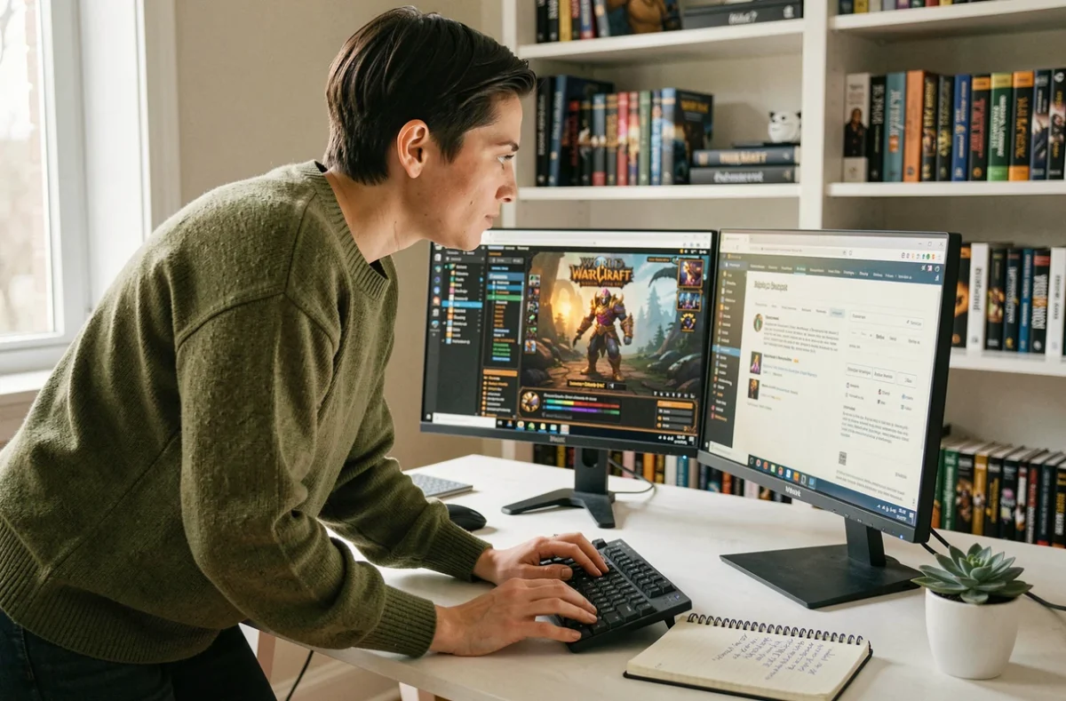 Joueuse configurant des addons World of Warcraft sur un double écran dans un bureau à domicile organisé