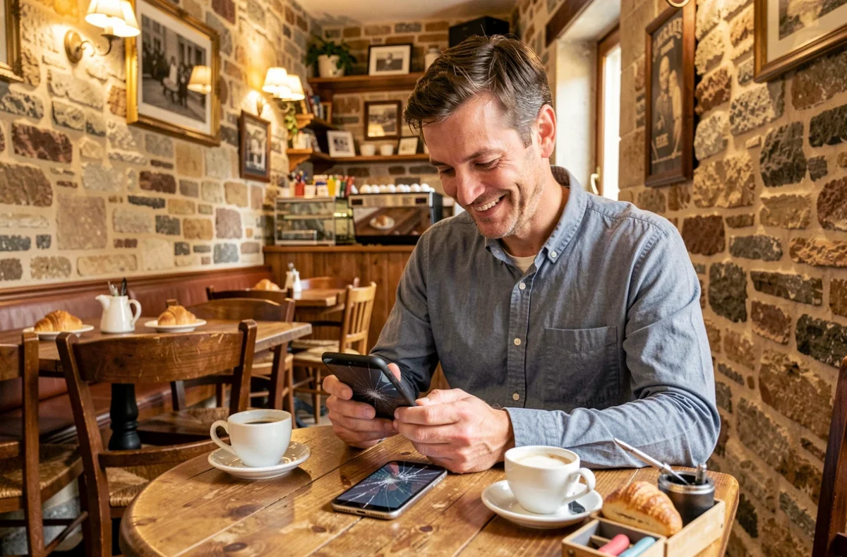 Réparateur de smartphones dans l'ambiance chaleureuse du commerce Le Temps D'un Café à Ussy-sur-Marne