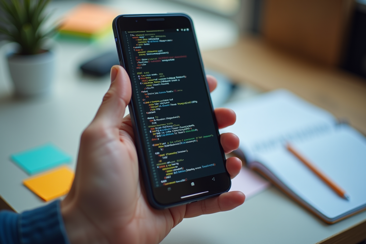 Mains tenant un smartphone avec code HTML visible en intérieur
