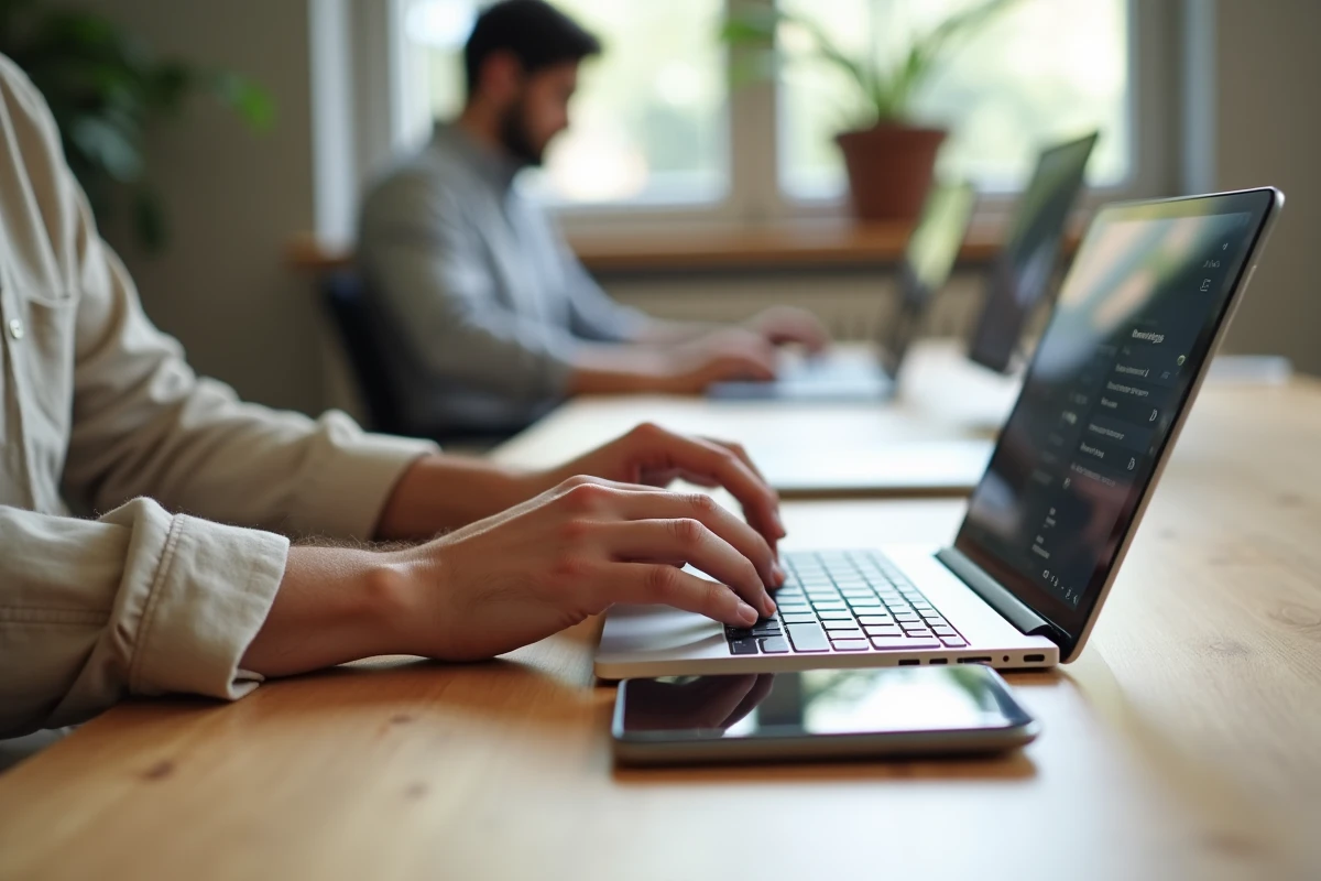 Mains tapant sur un clavier à côté d'un smartphone affichant les paramètres du compte Free pour corriger la déconnexion automatique de Roundcube