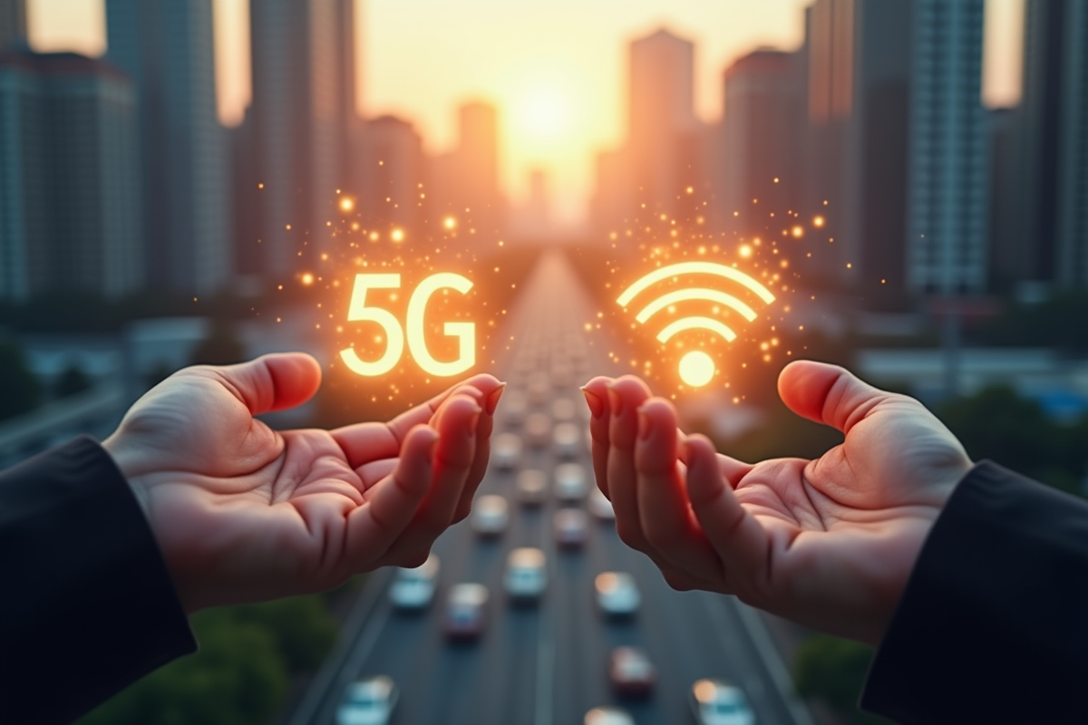 Deux mains tenant des icônes 5G et WiFi sur fond de ville ensoleillée