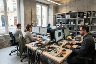 Techniciens informatiques travaillant dans un bureau de maintenance informatique moderne en Gironde