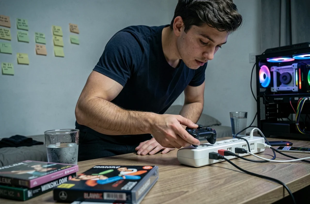 Jeune homme branchant une manette PS4 sur une multiprise surchargée, une mauvaise pratique de charge pouvant endommager la batterie
