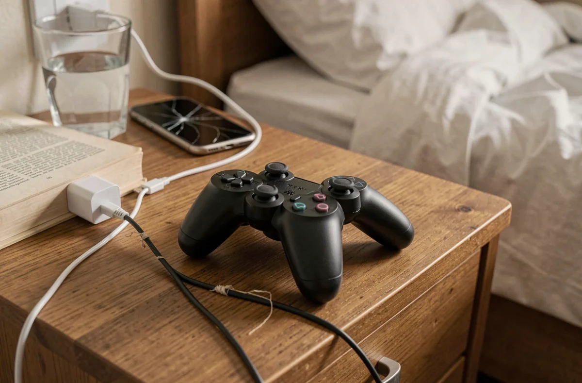 Manette PS4 laissée en charge toute la nuit avec un chargeur générique non officiel et un câble micro-USB abîmé sur une table de nuit