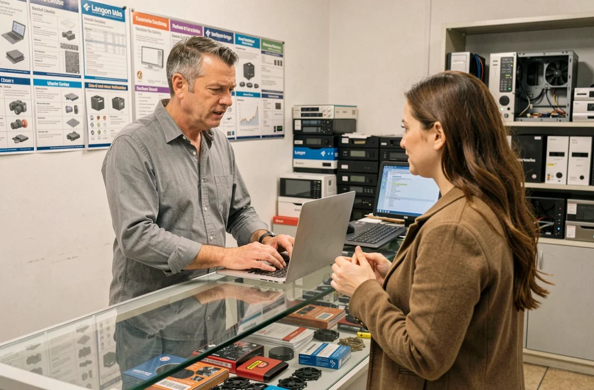 Technicien de MarcoServices Informatique Langon conseillant une cliente dans sa boutique de réparation