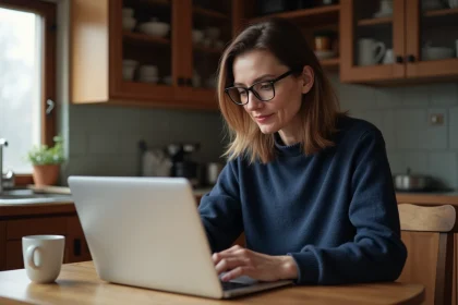 Mère d'étudiant consultant les emails de l'université Lille sur son ordinateur portable depuis chez elle