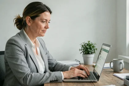 Femme utilisant une messagerie académique sur son ordinateur portable dans un bureau professionnel