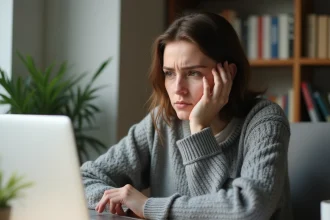 Femme frustrée devant un message d'erreur de messagerie universitaire sur son ordinateur portable