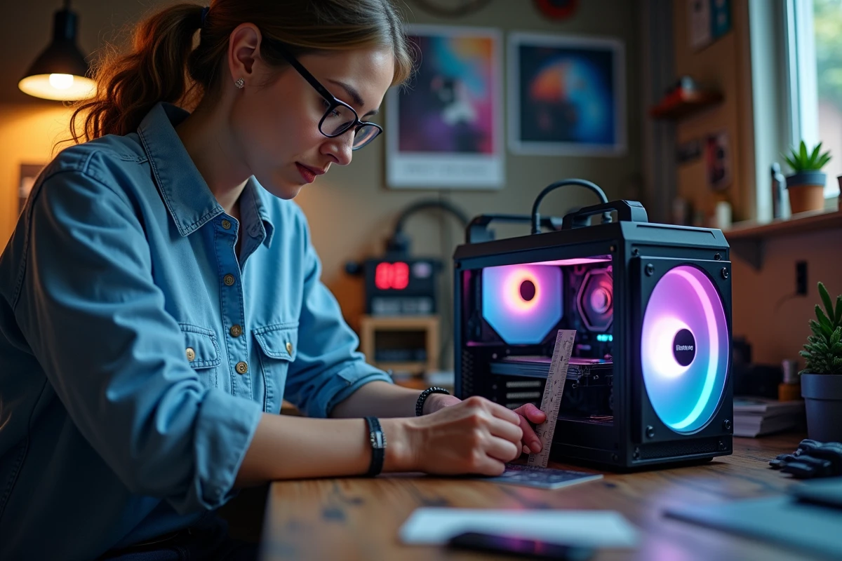 Femme mesurant un boîtier PC dans un atelier organisé