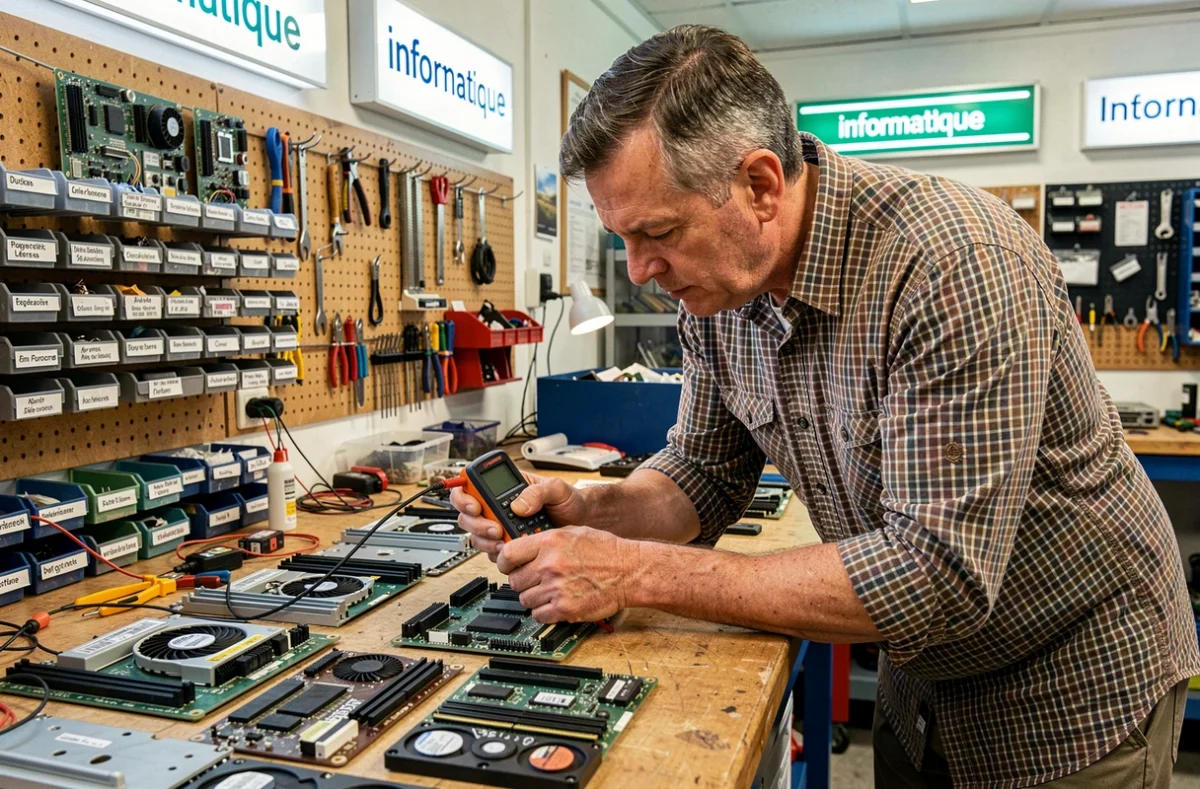 Technicien de Microfacile33 testant une carte mère avec un multimètre dans son atelier de réparation informatique