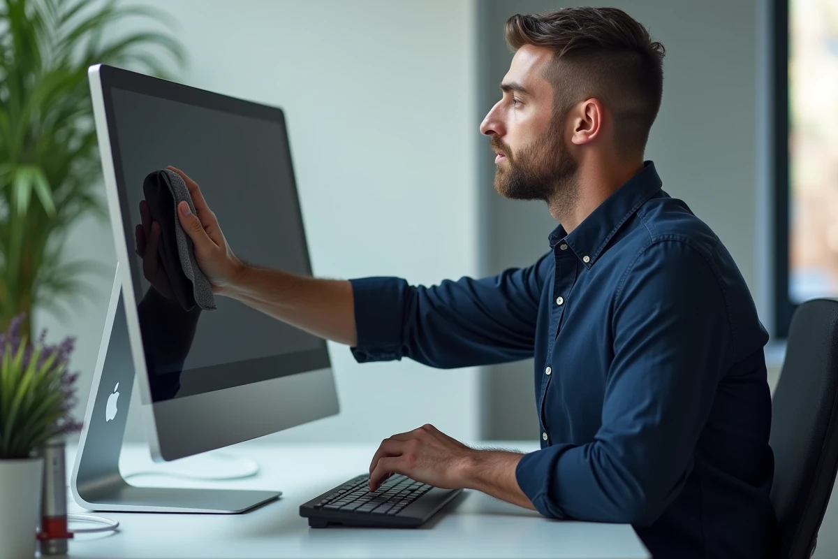 Homme nettoyant l'écran d'un ordinateur de bureau avec un chiffon non pelucheux dans un bureau moderne