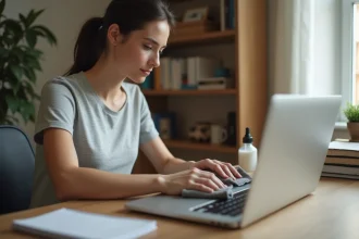 Femme nettoyant l'écran d'un ordinateur portable avec un chiffon microfibre sur un bureau en bois rangé