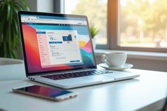Ordinateur portable moderne sur bureau blanc avec site de conversion de fichiers