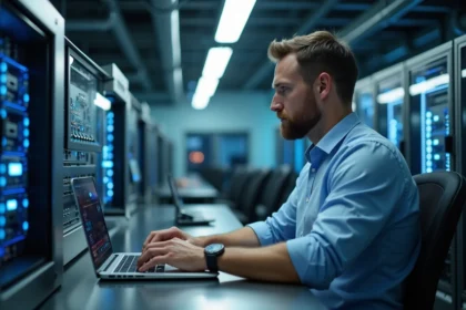 Professionnel IT travaillant sur un ordinateur quantique en laboratoire moderne