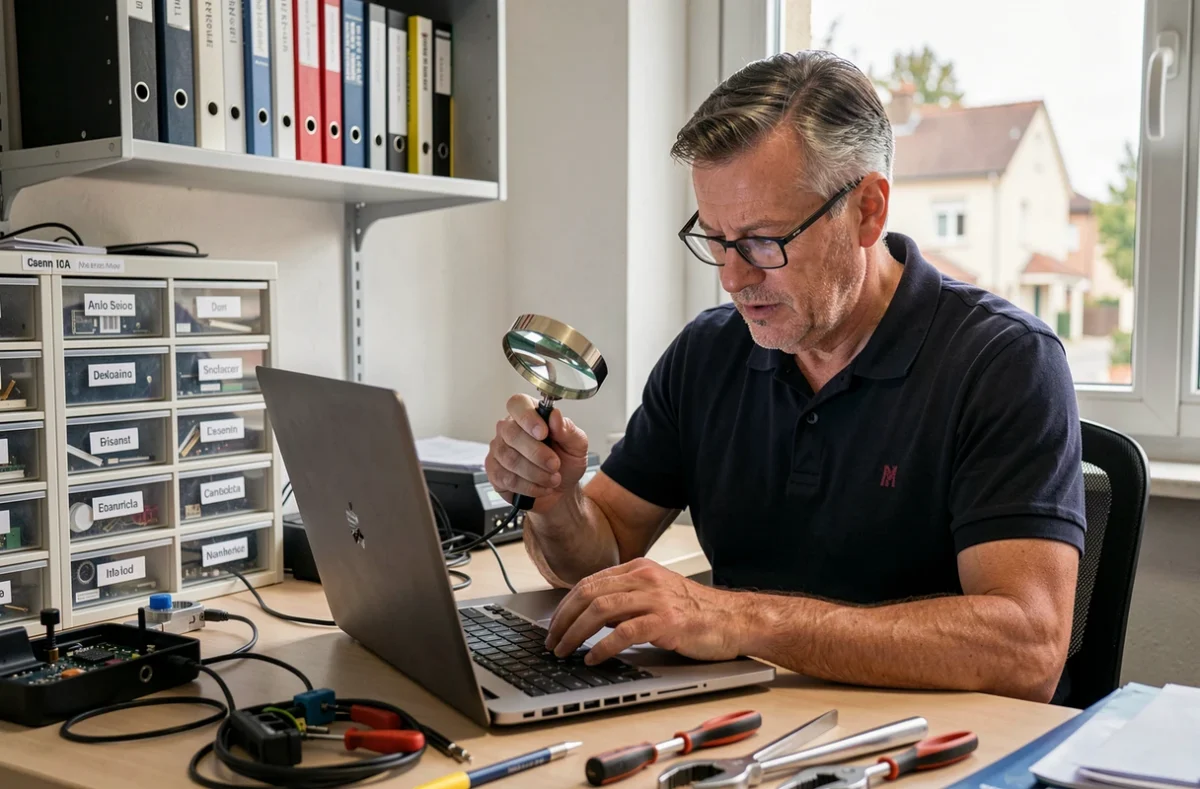 Technicien de Parain Informatique Pessac examinant l'intérieur d'un ordinateur portable dans son atelier