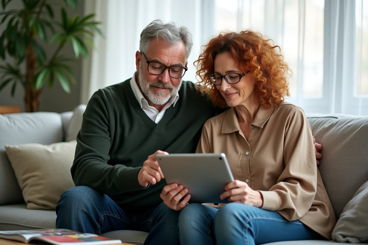 Parents d'étudiant consultant ensemble le portail universitaire Zimbra Lille sur une tablette dans leur salon