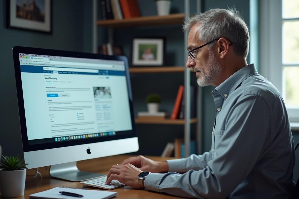 Père d'étudiant consultant le webmail Zimbra de l'université de Lille sur un ordinateur de bureau à domicile