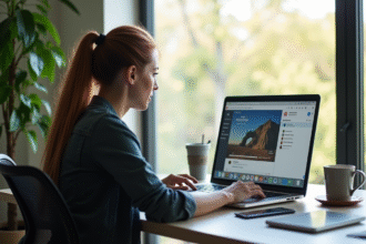 Personne travaillant à un bureau moderne avec ordinateur et transfert de fichiers