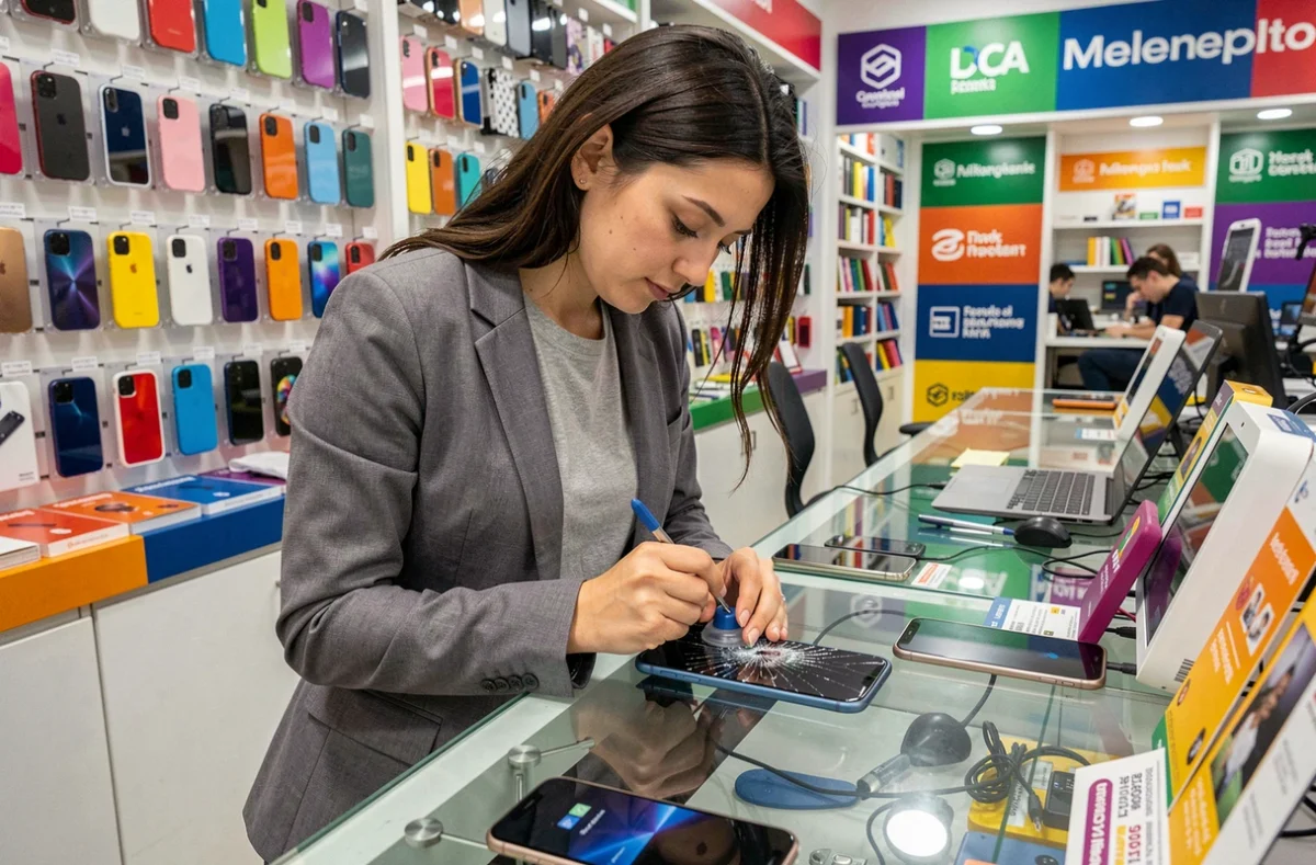 Technicienne de Phone and Color'S remplaçant l'écran d'un smartphone dans une boutique de réparation colorée