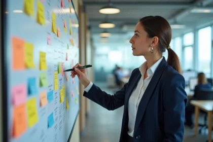 Responsable opérationnelle pointant un planning mural codifié en couleurs dans un bureau moderne