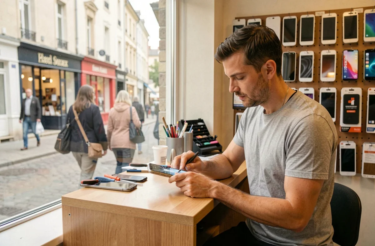 Technicien au point de réparation mobile de Meaux diagnostiquant un smartphone à écran fissuré