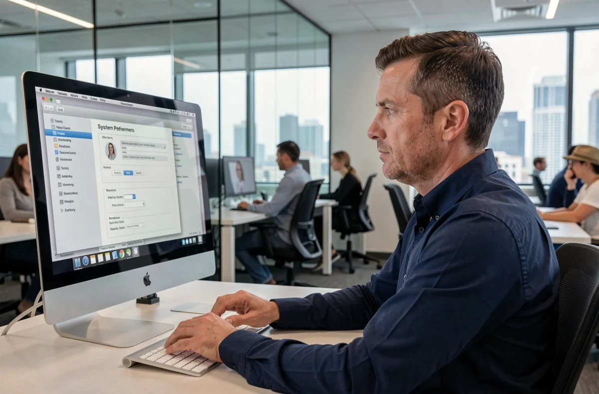 Homme configurant les préférences clavier sur iMac dans un bureau professionnel