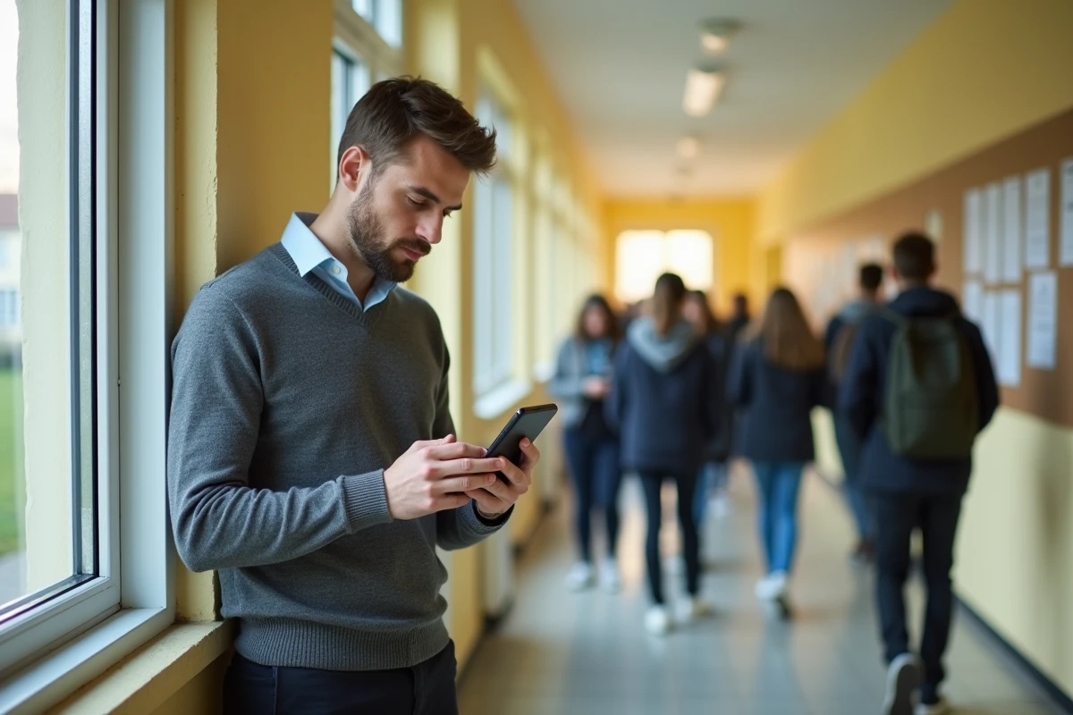 Professeur consultant ses emails professionnels sur smartphone dans un couloir d'établissement scolaire français
