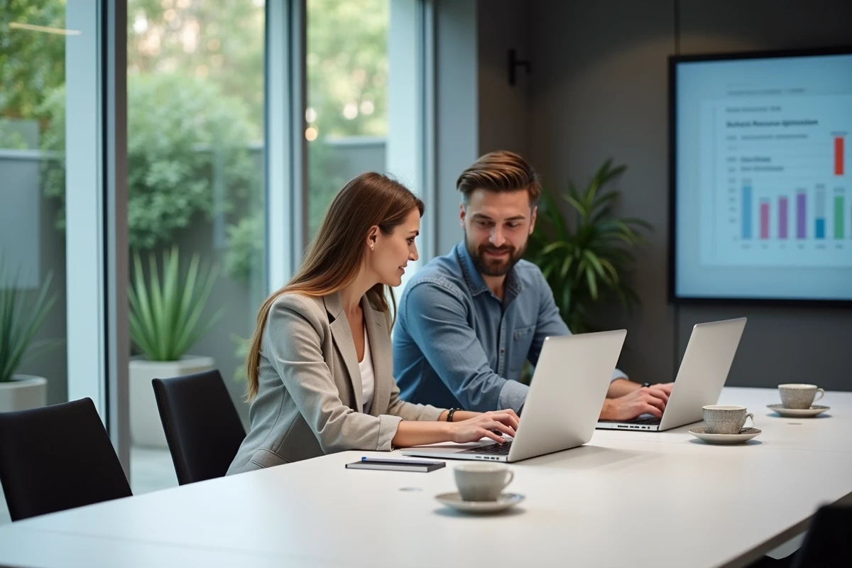Deux professionnels analysant des données de rentabilité hôtelière sur un logiciel de gestion dans une salle de réunion moderne