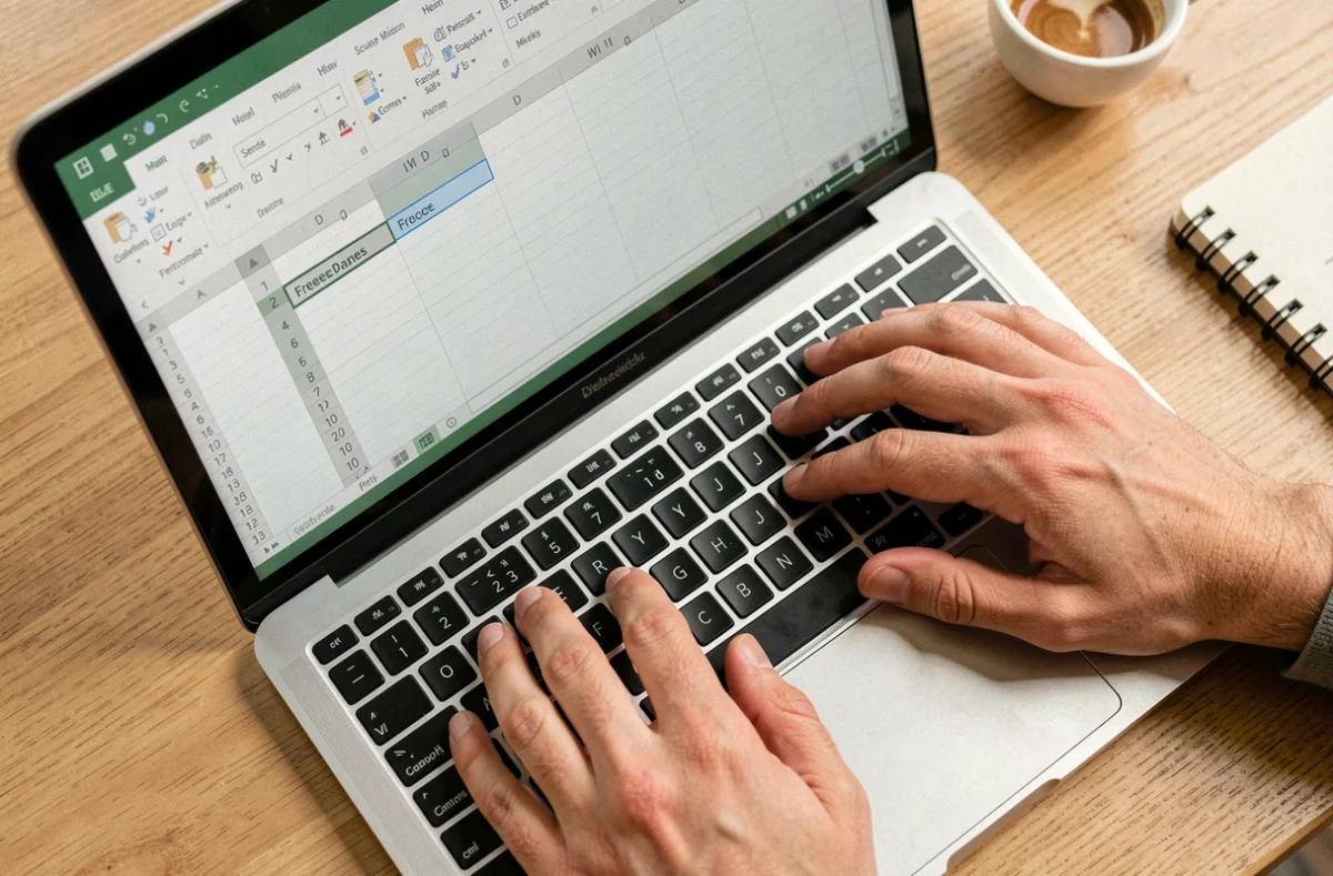 Vue de dessus des mains sur un clavier d'ordinateur portable avec l'option figer les volets activée dans Excel