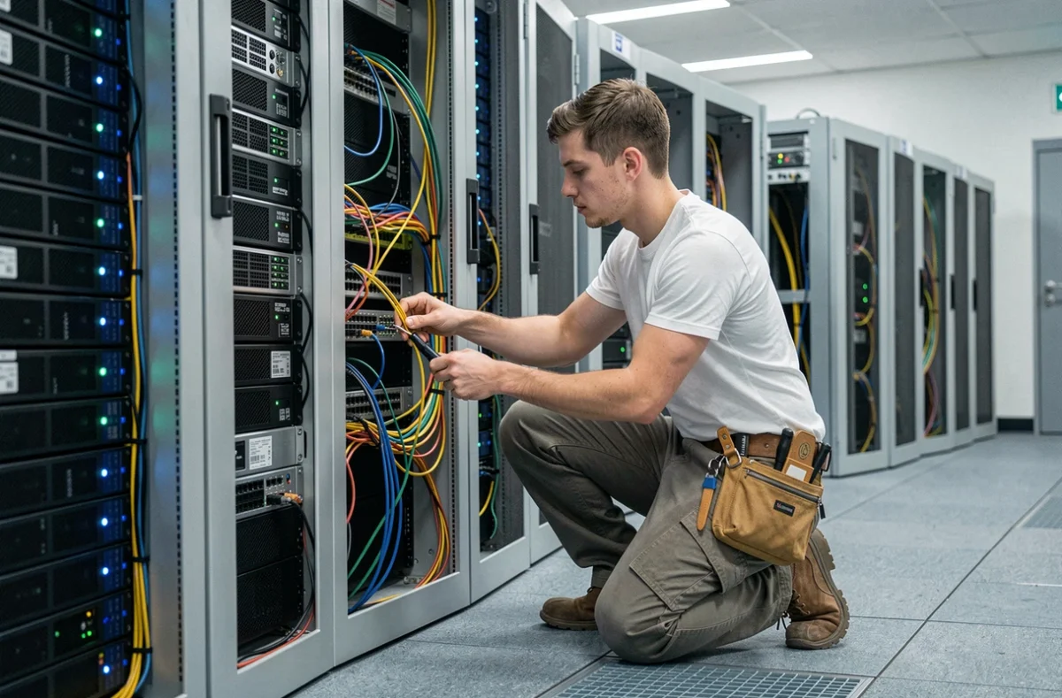 Technicien RDN Install câblant un rack serveur dans une salle informatique professionnelle