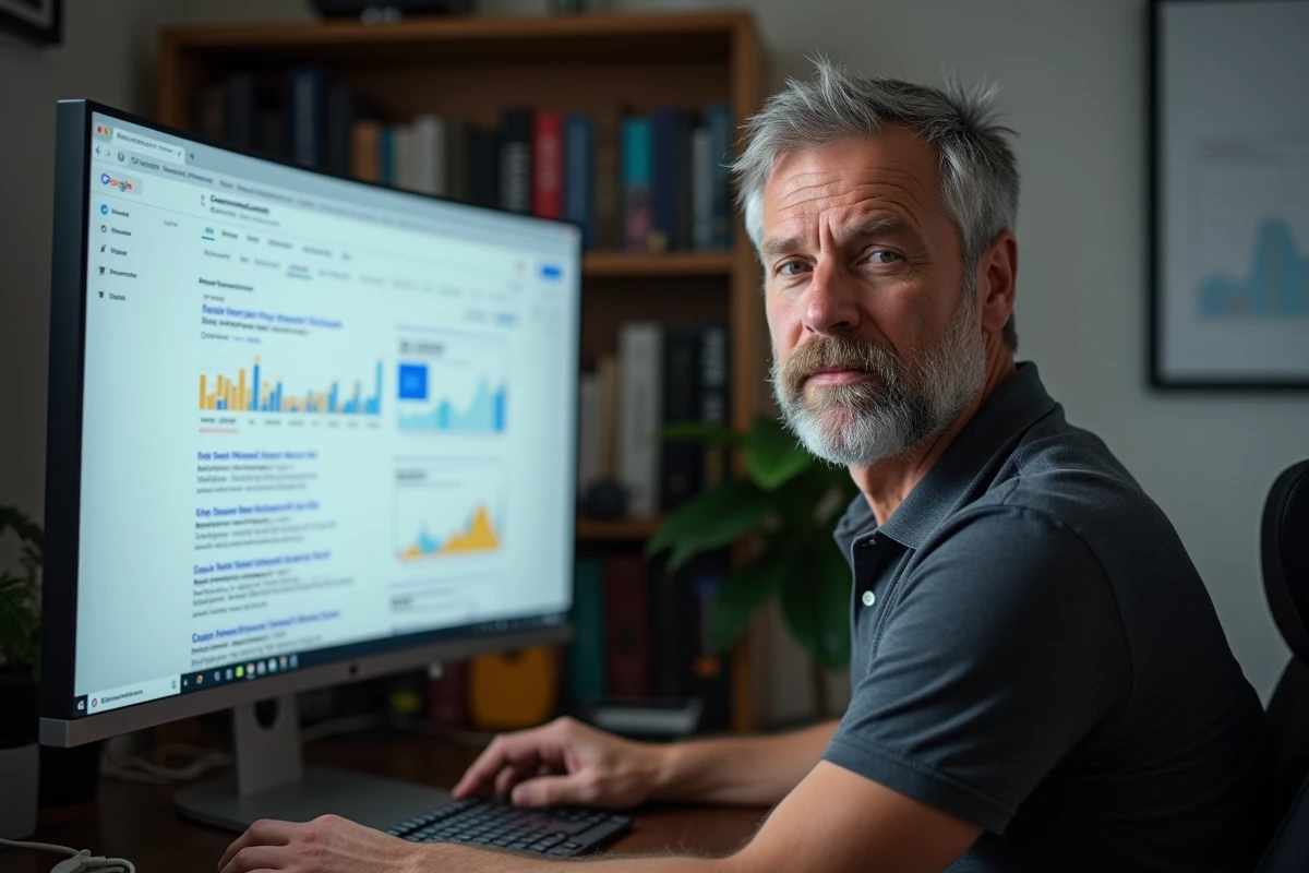 Entrepreneur masculin effectuant une recherche Google pour une étude de marché depuis son bureau à domicile