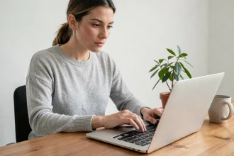 Femme vérifiant les réglages du clavier Mac pour taper un point d'exclamation