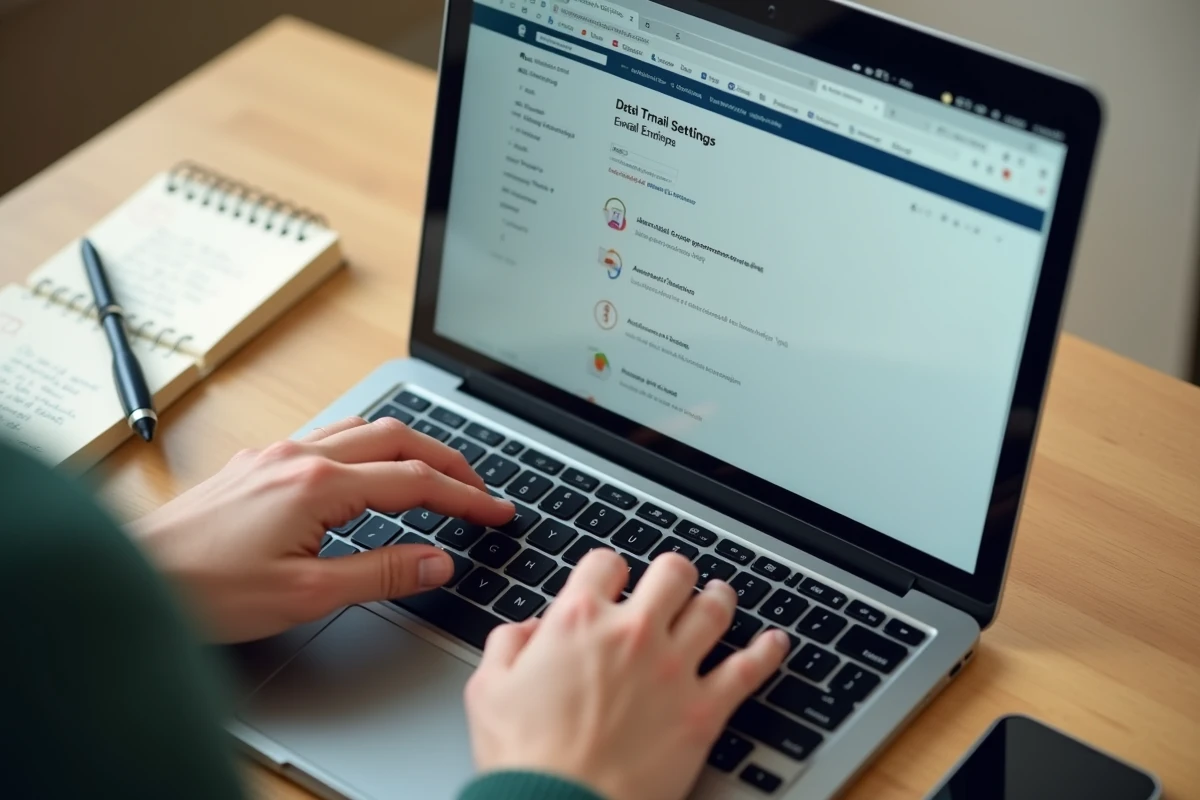 Mains tapant sur un clavier d'ordinateur portable avec interface de paramètres RGPD du webmail affichée à l'écran et notes manuscrites sur protection des données