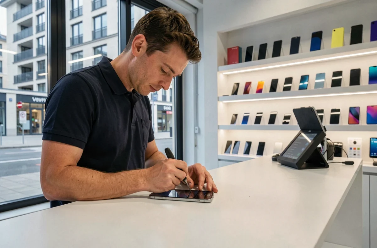 Technicien en train de réparer un smartphone Samsung dans une boutique moderne d'Évry-Courcouronnes, proche de la Seine-et-Marne