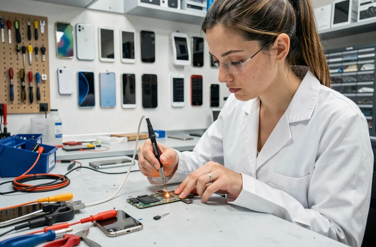Technicienne réparant un connecteur de smartphone dans un atelier professionnel à Melun