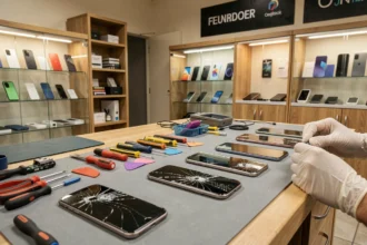 Atelier de réparation de smartphones en Seine-et-Marne avec outils et téléphones démontés sur un établi professionnel