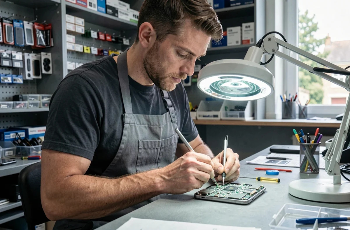 Spécialiste smartphone Reparatore utilisant des outils de précision pour réparer un téléphone à Pontault-Combault