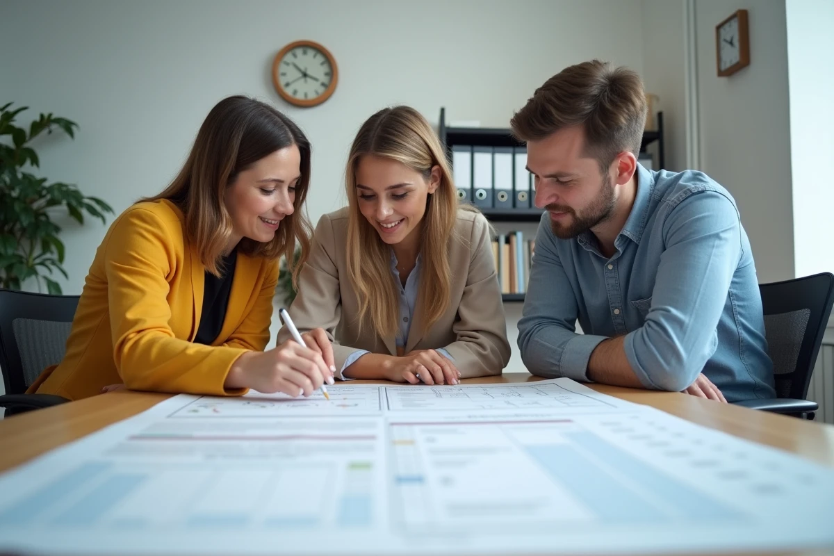 Équipe de professionnels en réunion autour d'un planning opérationnel imprimé pour éviter les erreurs de service