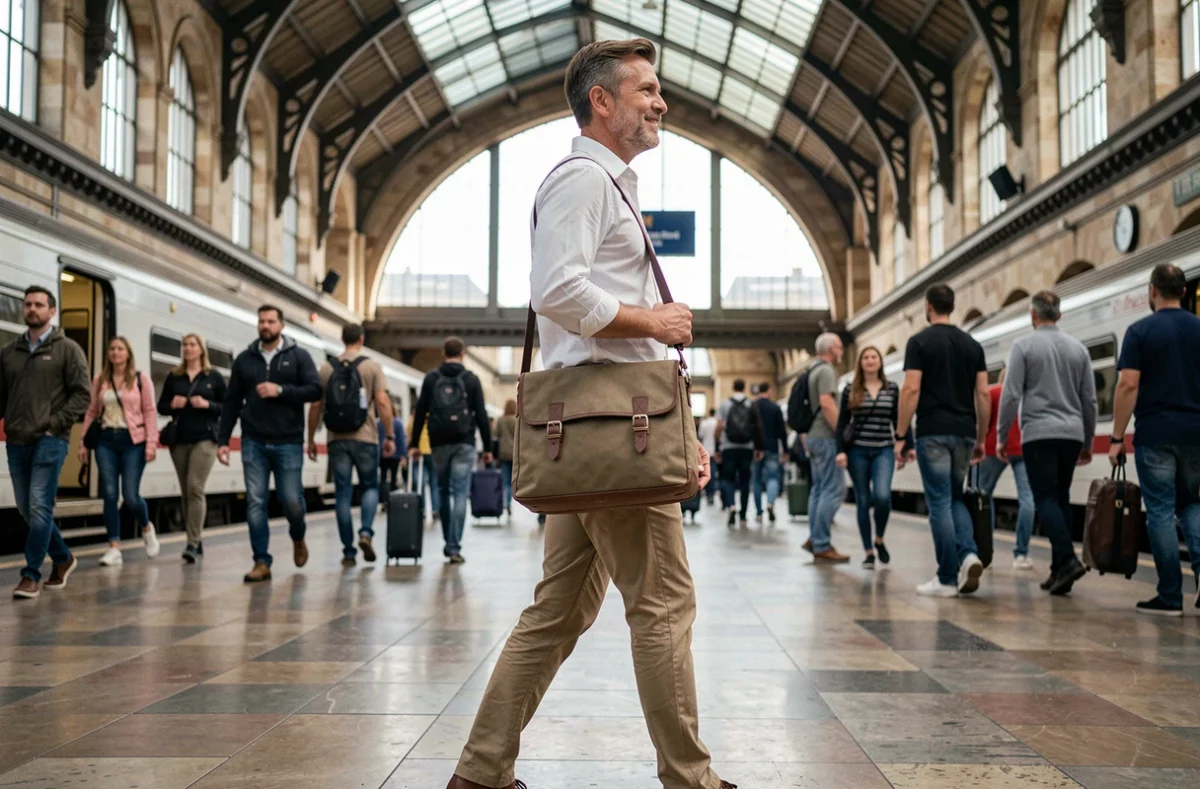 Homme d'affaires traversant une gare avec une sacoche ordinateur bandoulière ergonomique lors d'un déplacement professionnel
