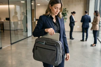 Femme professionnelle rangeant un ordinateur portable dans une sacoche ergonomique multicompartiments dans un bureau moderne
