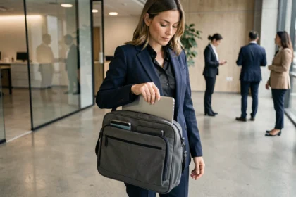 Femme professionnelle rangeant un ordinateur portable dans une sacoche ergonomique multicompartiments dans un bureau moderne