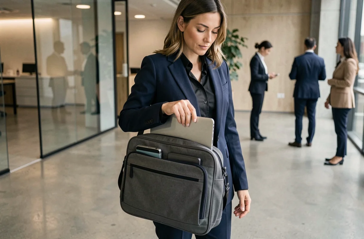 Femme professionnelle rangeant un ordinateur portable dans une sacoche ergonomique multicompartiments dans un bureau moderne