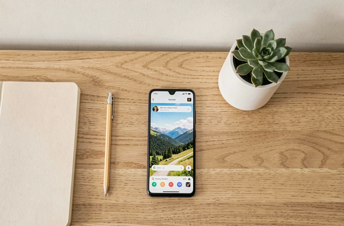 Samsung Galaxy A25 posé sur un bureau en bois minimaliste avec accessoires de bureau, illustrant son design élégant et son écran en 2026