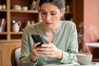 Femme utilisant le Samsung Galaxy A25 dans un café parisien en 2026, illustrant les performances et l'écran AMOLED du smartphone