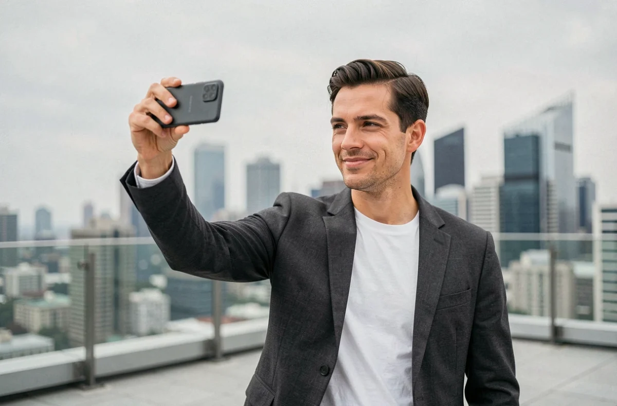 Homme consultant le Samsung Galaxy A25 sur un rooftop urbain, mettant en avant le design et les capacités photo du téléphone en 2026