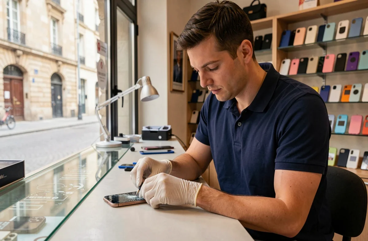 Technicien remplaçant l'écran d'un smartphone dans la boutique Save à Fontainebleau