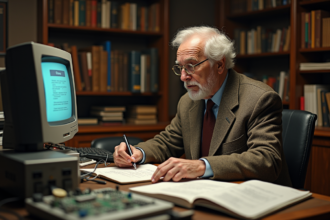 Scientifique age assis devant vieux ordinateurs et notes