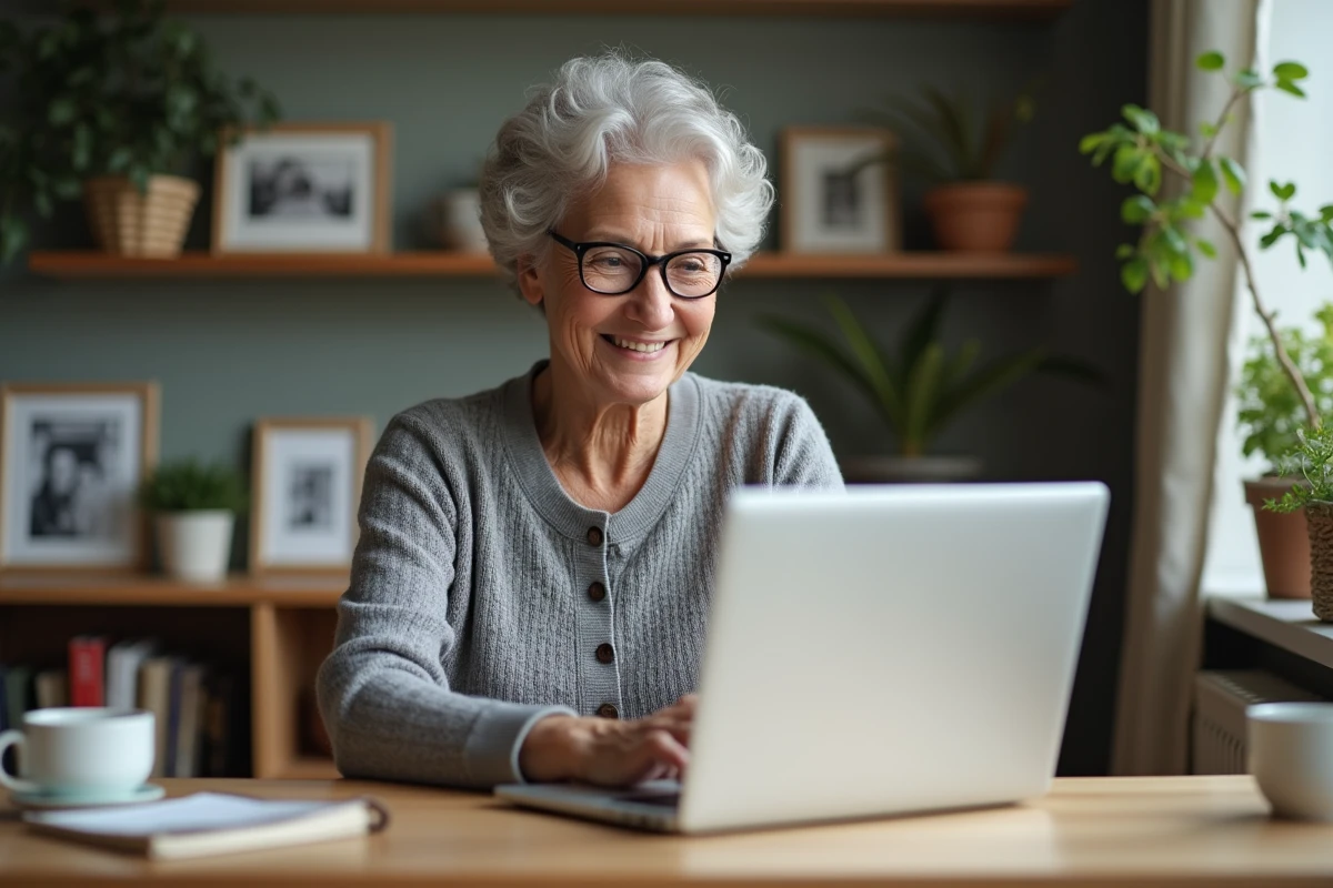 Seniorelegant utilisant un ordinateur portable dans un salon chaleureux