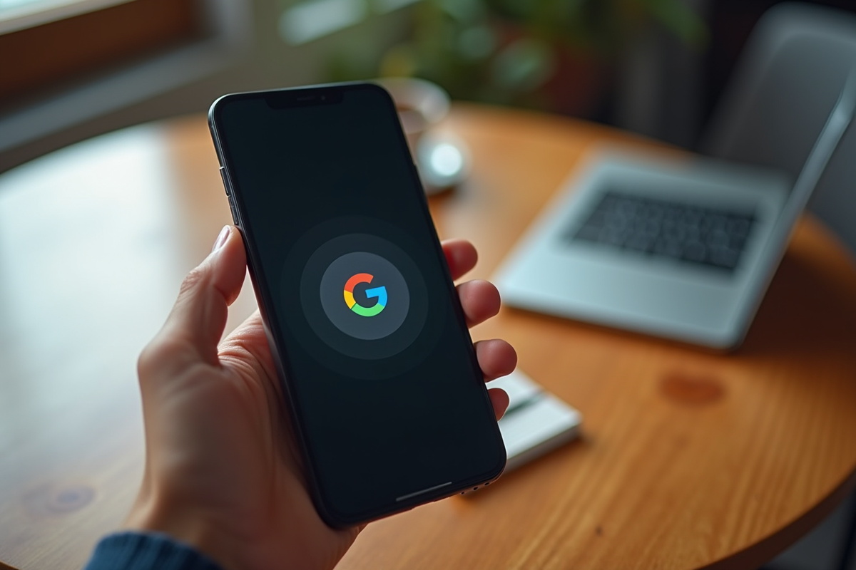 Smartphone affichant le spinner Google dans un café lumineux