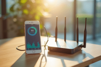 Smartphone et routeur WiFi avec compteurs d'énergie en lumière naturelle